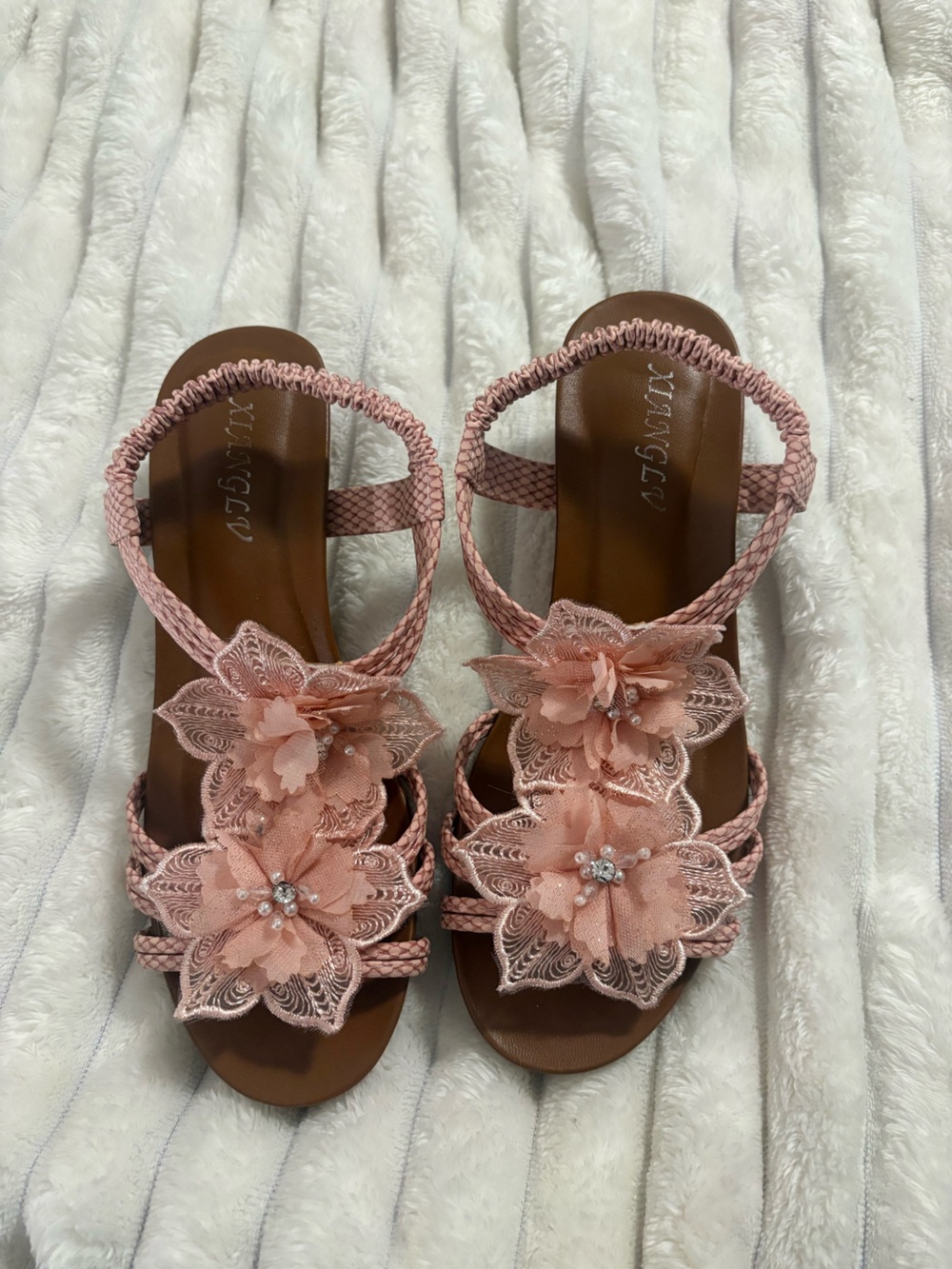 Women’s Peach Floral Wedge Sandals Elastic Slingback